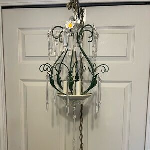 Vintage Toleware Italian Style Daisy Flowers Metal Ceiling Swag Light Chandelier